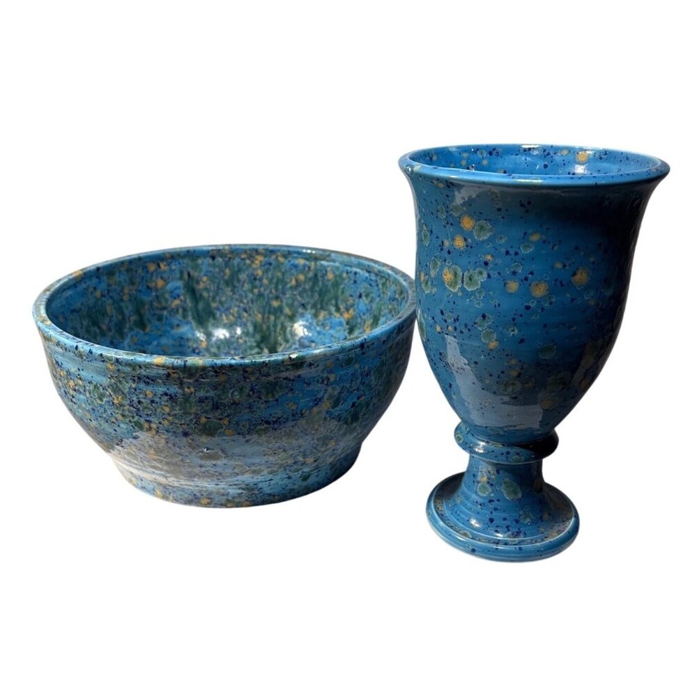 Studio Art Pottery Goblet & Bowl Blue Speckled Yellow & Green Accents